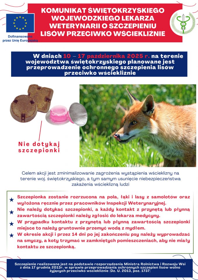 Komunikat Wojewódzkiego Świętokrzyskiego Lekarza Weterynarii o szczepieniu lisów przeciwko wściekliźnie